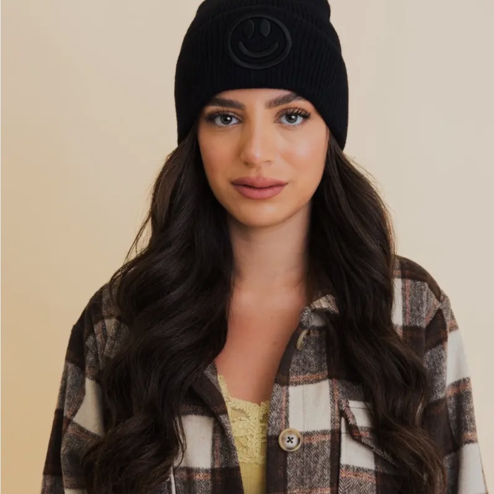 Happy Face Embroidered Ribbed Knit Beanie - Picture 7 of 14